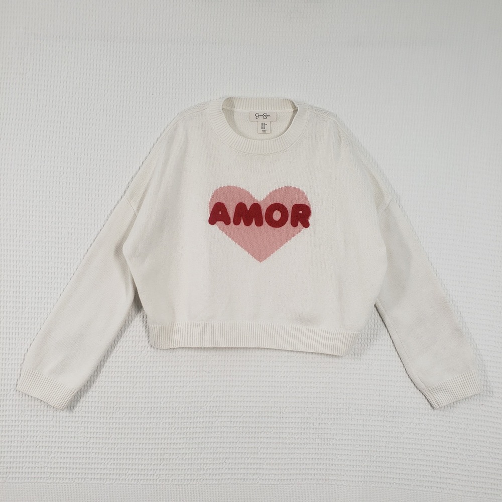 Jessica Simpson Cropped Sweater Womens XS White Ivory Amor Heart Crew Neck Love